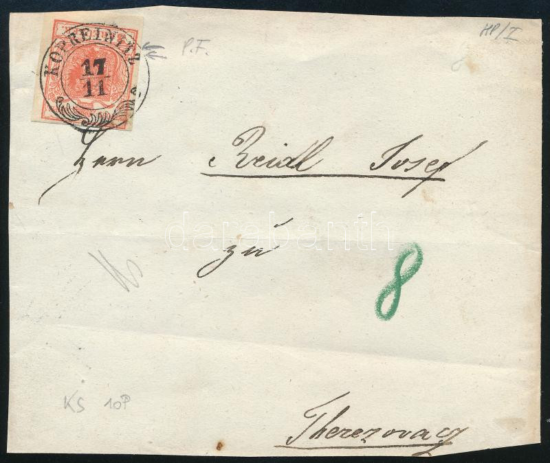 ~1852 3kr HP I lemezhibás bélyeg levél előlapon 