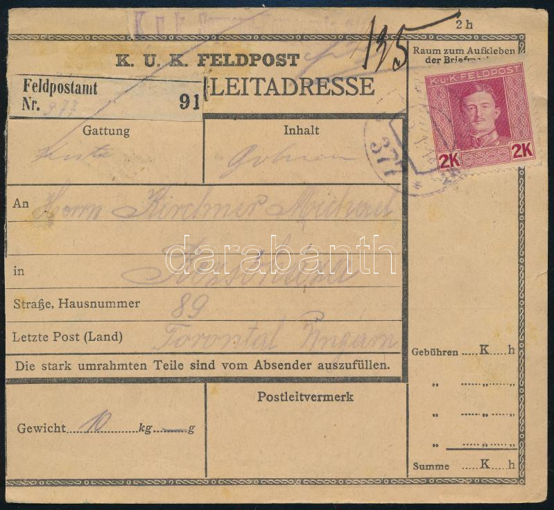 1918 Károly fejes 2K csomagszállítón / parcel card 