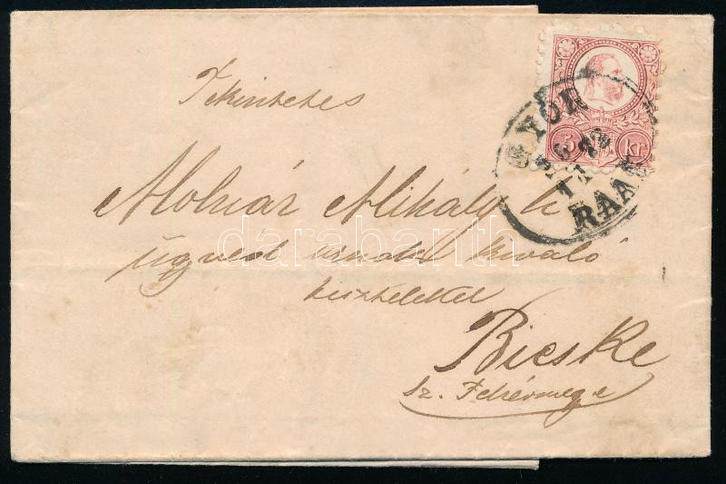 1872 Réznyomat 5kr levélen "GYŐR RAAB"" - "BICSKE FEHÉR M."