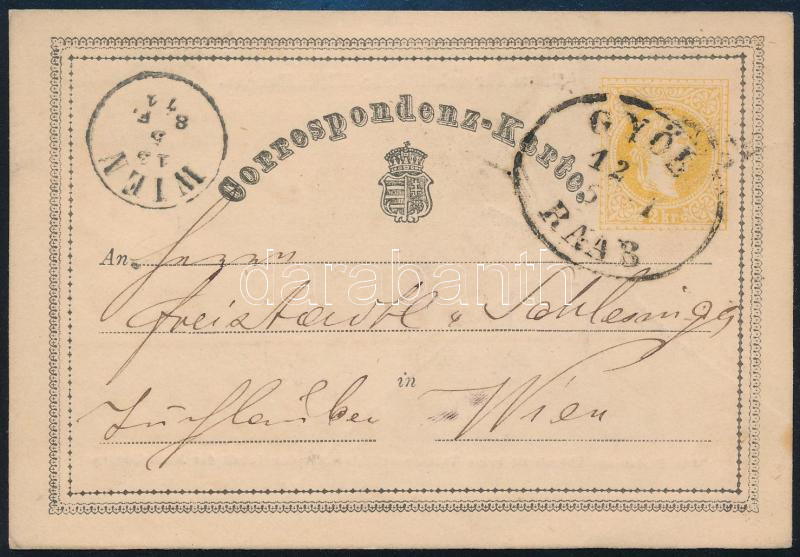 1871 2kr PS-card "GYŐR RAAB" - "WIEN", 1871 2kr díjjegyes levelezőlap "GYŐR RAAB" - "WIEN"