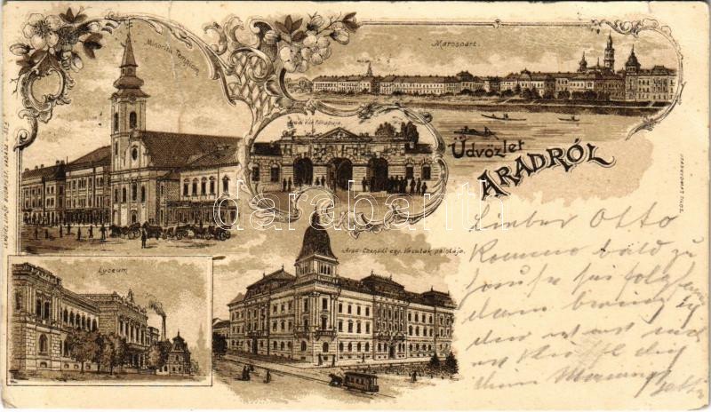 1899 (Vorläufer) Arad, Minorita templom, vár főkapuja, Maros-part ...