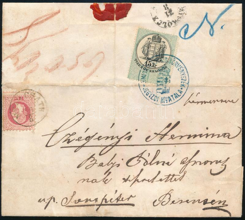 ~1870 5kr on cover "MEZŐ CSATH" (Gudlin 150 pont) fiscal stamp on the backside, ~1870 5kr levélen "MEZŐ CSATH" (Gudlin 150 pont) Hátoldalán 15kr okmánybélyeg