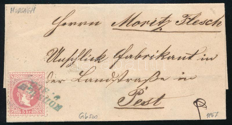 1867 5kr on cover, blue "HODSÁGH" (Gudlin 500 pont) - Pest, 1867 5kr levélen kék "HODSÁGH" (Gudlin 500 pont) - Pest