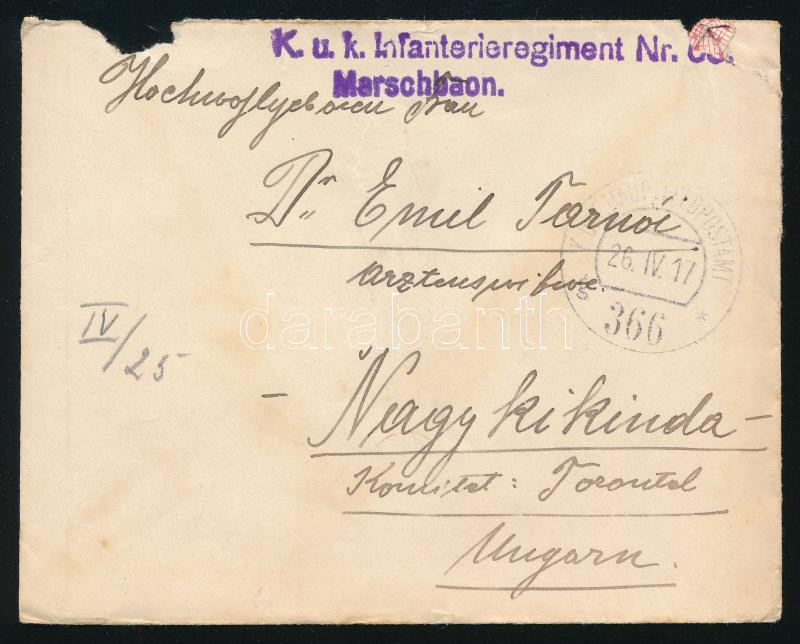 1917 Field postcard "K.u.k. Infanterieregiment Nr.63 Marschbaon" + "HP 366 g", 1917 Tábori posta levél "K.u.k. Infanterieregiment Nr.63 Marschbaon" + "HP 366 g"