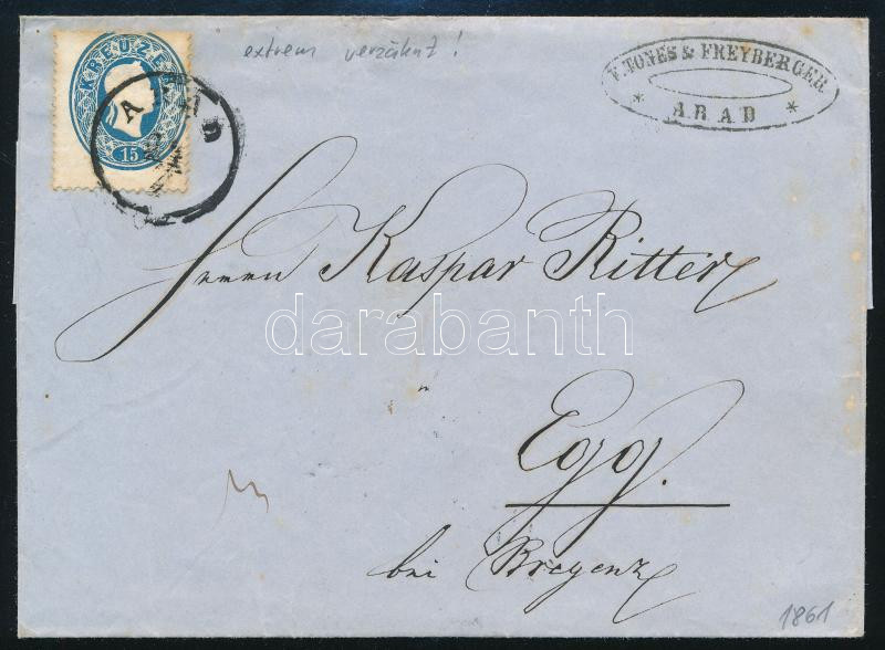 1861 Erősen elfogazott 15kr levélen 