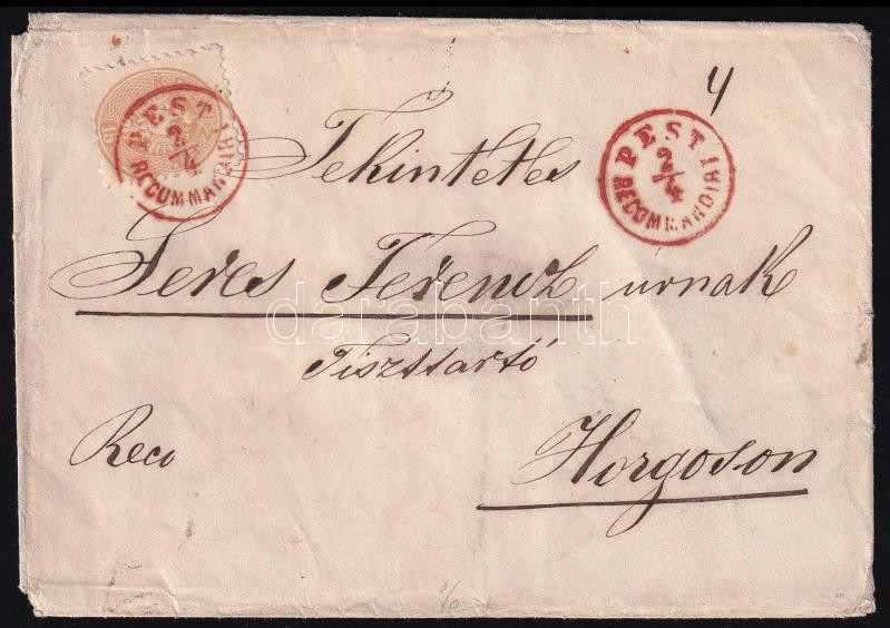 ~1865 15kr + (a hátoldalon) sérült 10kr ajánlott levélen piros 