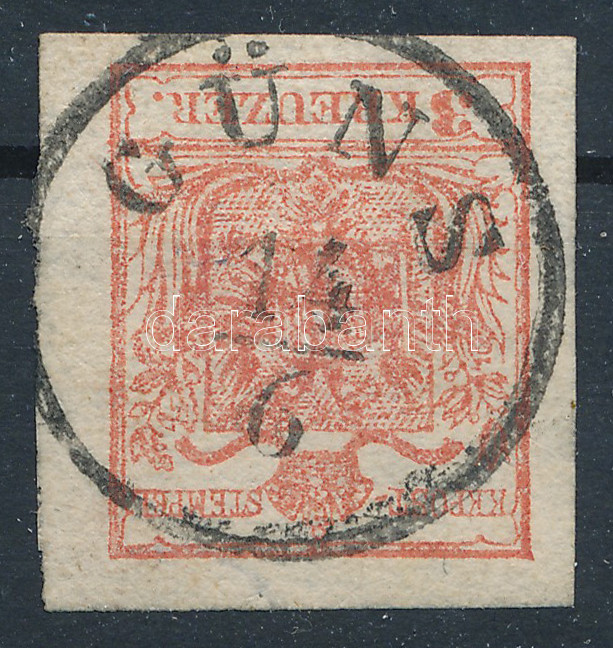 1850 3kr HP IIIa piros, vízjeles bélyeg, quadrilliertes papir 