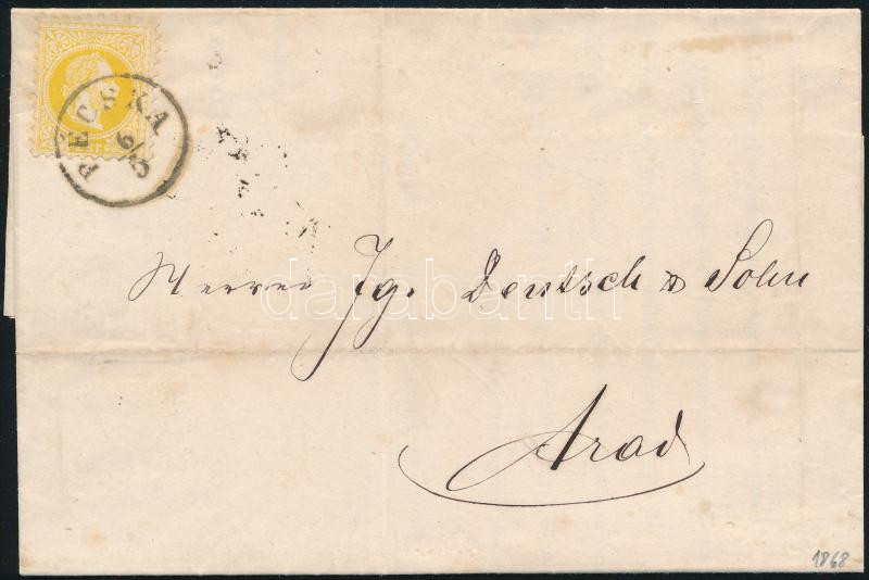 1868 2kr világos sárga, levélen 