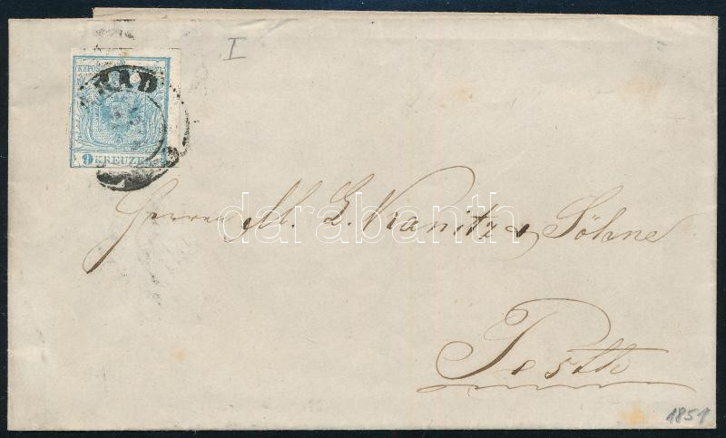 1851 9kr HP I. ívszéli nyomat, levélen / margin piece on cover 