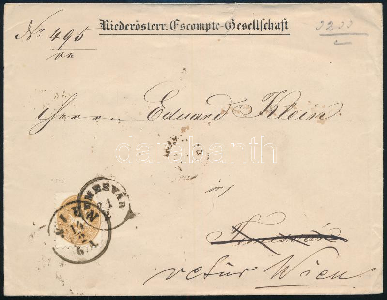 ~1866 15kr on cover from Vienna to Temesvár, returned 