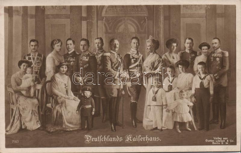 Wilhelm II, Augusta Victoria of Schleswig-Holstein, Wilhelm, German Crown Prince, Prince Eitel Friedrich, Prince Adalbert of Prussia, Prince August Wilhelm of Prussia, Prince Oskar of Prussia, Prince Joachim of Prussia, Princess Victoria Louise of Prussia, II: Vilmos, Auguszta Victoria Német Császárné, Vilmos, Német koronaherceg, Eitel Frigyes Porosz királyi herceg, Adalbert Ferdinánd Porosz királyi herceg, Ágost VIlmos Porosz királyi herceg, Oszkár Porosz királyi herceg, Joakim Porosz királyi herceg, Viktória Lujza Porosz királyi hercegnő