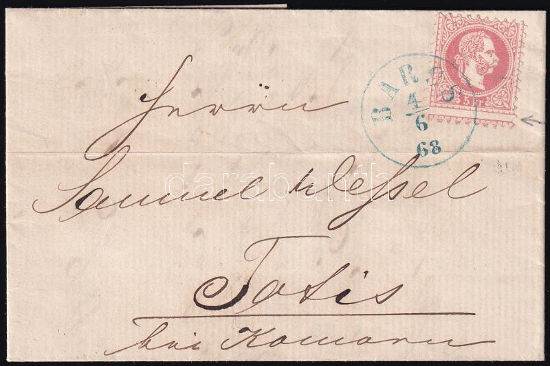 1868 5kr extrém elfogazással levélen. Látványos, szép darab, kék 