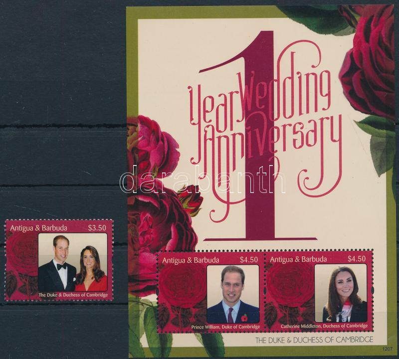 Vilmos herceg és Katalin hercegnő házassági évfordulója bélyeg + blokk, Wedding anniversary of Prince William and Princess Catherine stamp + block