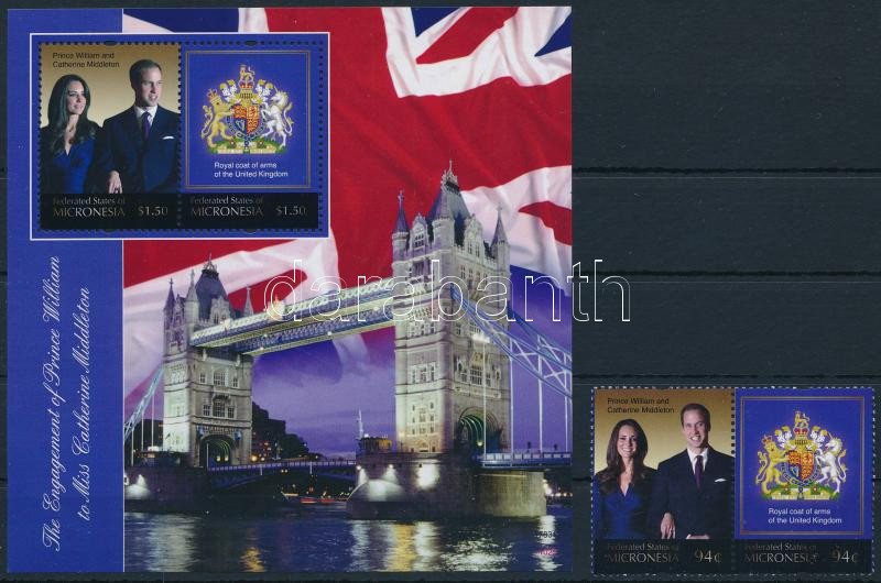 The engagement of Prince William and Kate Middleton stamp from block + block, Vilmos herceg és Kate Middleton eljegyzése blokkból kiszedett pár + blokk
