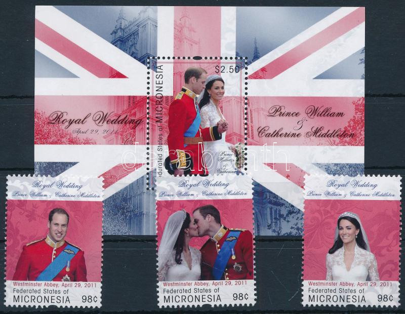 Vilmos herceg és Kate Middleton esküvője kisívből kiszedett sor + blokk, The wedding of Prince William and Kate Middleton set from minisheet + block