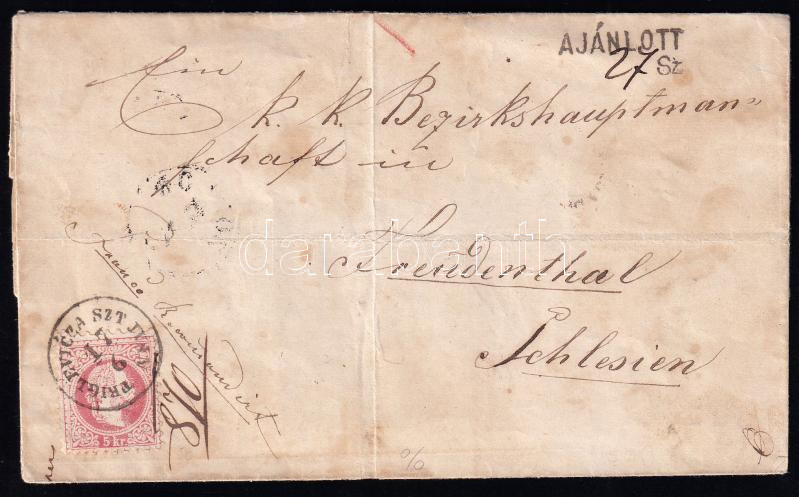 1870 5kr + torn away 10kr on registered cover "PRIGLEVICZA SZT JVAN" - Freudenthal (Gudlin 300 p), 1870 5kr + eltépett 10kr ajánlott levélen "PRIGLEVICZA SZT JVAN" - Freudenthal (Gudlin 300 p)