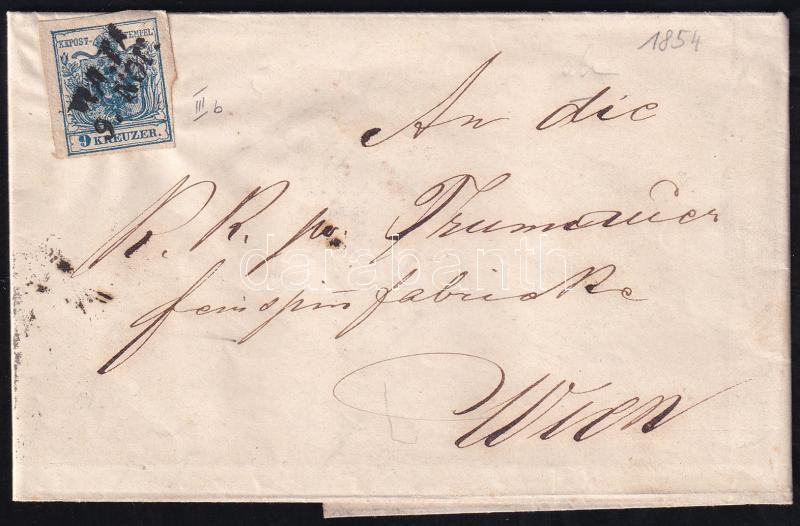 1854 9kr HP III. levélen, lemezhibákkal 