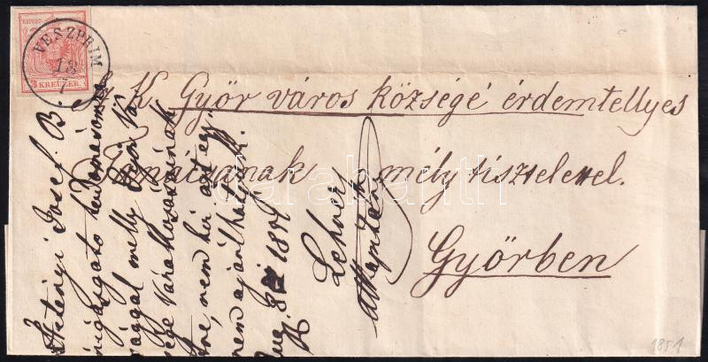 1851 3kr HP I. levélen / on cover 