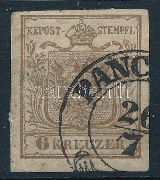 6kr HP I. with plate flaw: big white stain in the crown 
