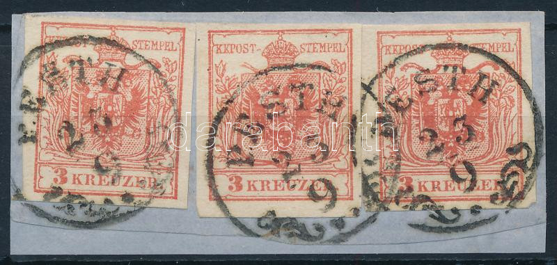 3 x 3kr MP III. on cutting, rich colours, plate flaws 