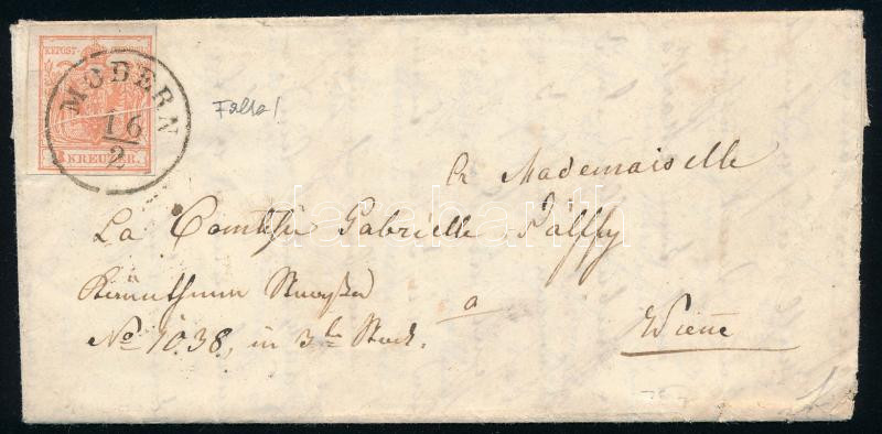 1853 3kr MP III. with paper crease on cover 