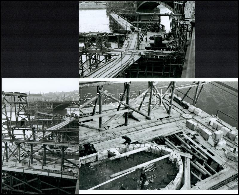 cca 1947 Budapest, a németek által felrobbantott Margit híd újjáépítése során készült felvételek, 3 db modern nagyítás, 10×15 és 15×21 cm-es méretben