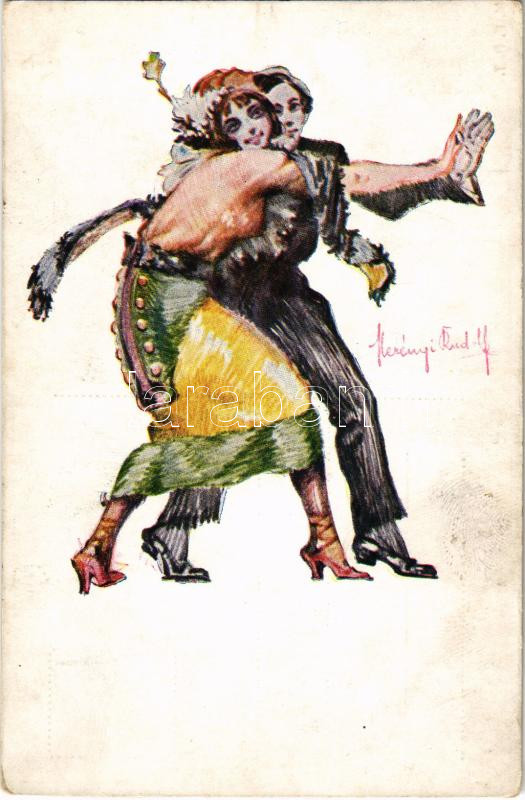 Táncoló pár, romantikus művészlap, s: Merényi Rudolf (vágott), Dancing romantic couple art postcard s: Merényi Rudolf (cut)