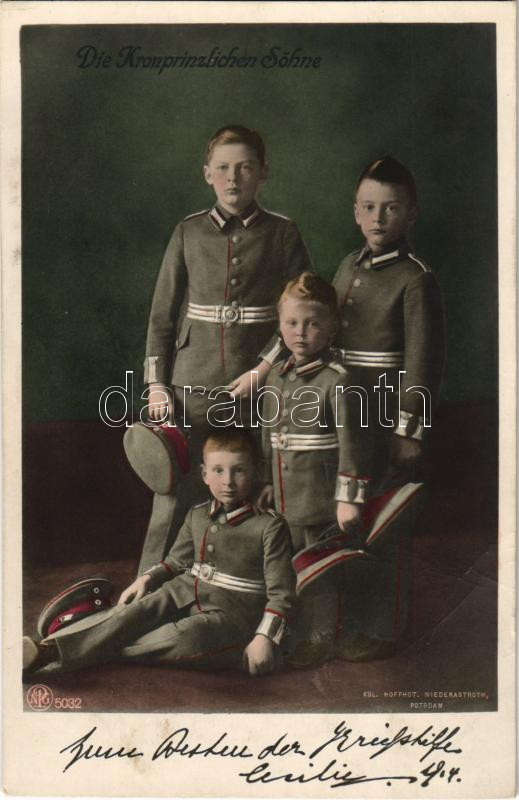 A koronaherceg fiai., Die Kronprinzlichen Söhne / German royal family. Kgl. Hofphot. Niederastroth, Potsdam. Kriegs-Wohlfahrtskarte