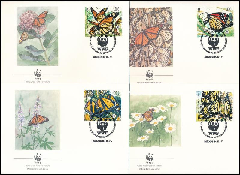 WWF: Monarch butterfly set on 4 FDC Mi 2095-2098, WWF: Pompás királylepke sor 4 db FDC-n Mi 2095-2098