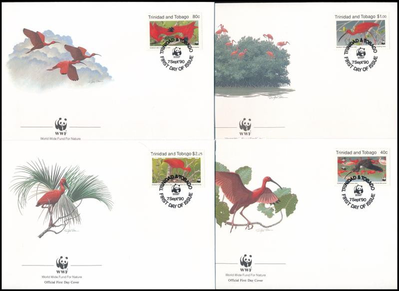 WWF: Skarlátbalta, madár sor 4 db FDC-n Mi 596-599, WWF: Scarlet ibis set on 4 FDC Mi 596-599