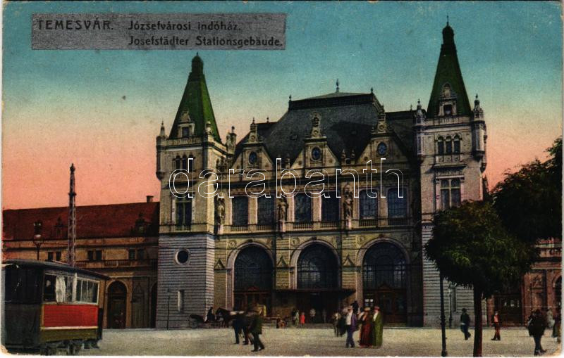 Temesvár, Timisoara; Józsefvárosi indóház, vasútállomás, villamos / Josefstädter Stationsgebäude / railway station, tram (szakadás / tear)