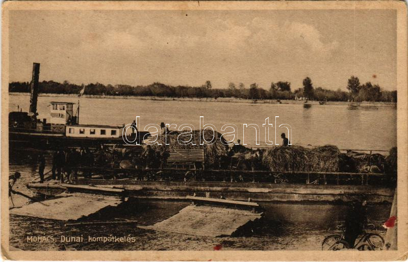 1931 Mohács, Dunai kompátkelés, gőzhajó. Pollák Róbert kiadása (kopott sarkak / worn corners)