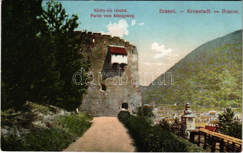 Brassó, Kronstadt, Brasov; Partie vom Königsweg / Király úti részlet / road, tower