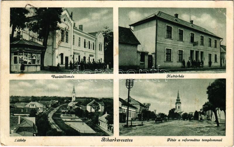 1938 Biharkeresztes, vasútállomás, kultúrház, Fő tér, református templom