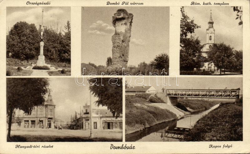 Dombóvár, flag, castle ruin, Roman caholic church, square, river, Dombóvár, Országzászló, Dombó Pál várrom, Római katolikus templom, Hunyadi tér, Kapos folyó