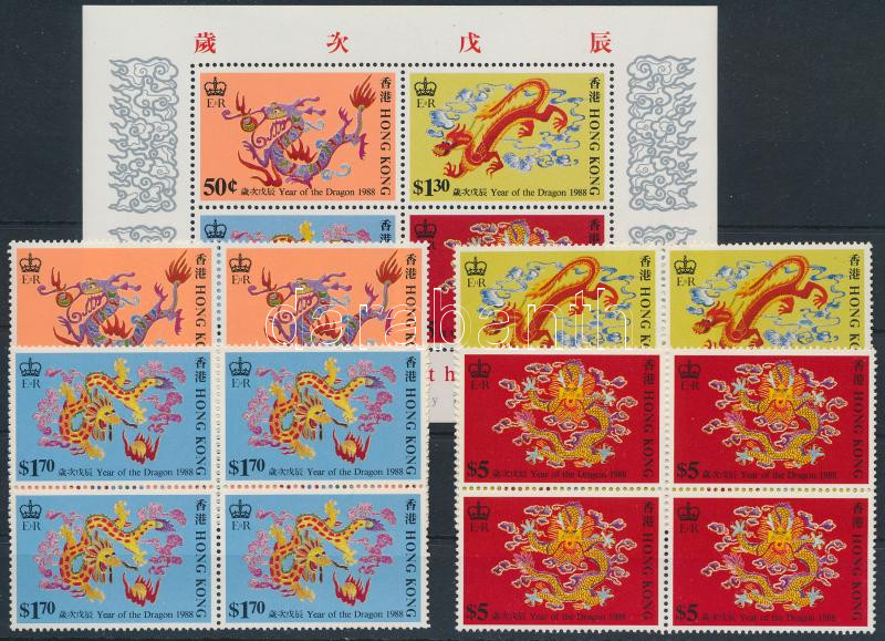 Chinese New Year blocks of 4 + block, Kínai újév, a sárkány éve sor négyestömbökben + blokk