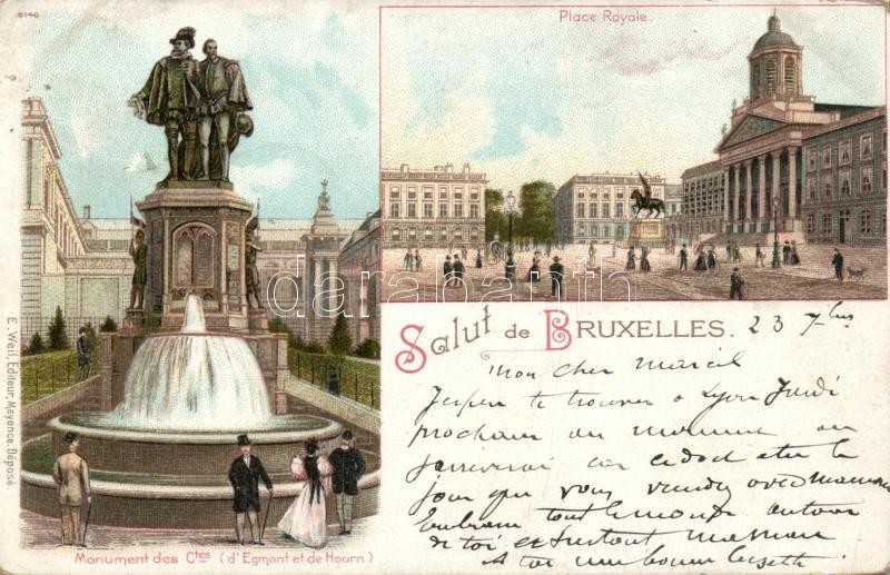 1898 Brüsszel, Place Royale / Királyi palota, Egmont és Hoorn szobor, litho, 1898 Brussels, Place Royale / palace, statue of Egmont and Hoorn, litho