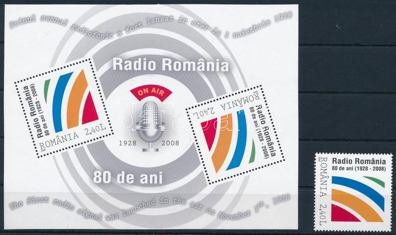 80 years of Romanian radio stamp + block, 80 éves a román rádió bélyeg + blokk