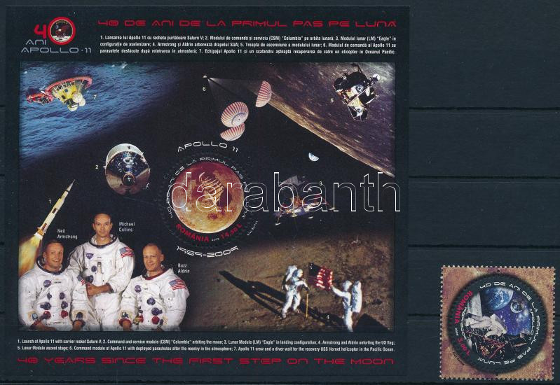 Man stepped on the Moon 40 years ago stamp + block, Az ember Holdra lépésének 40. évfordulója bélyeg + blokk