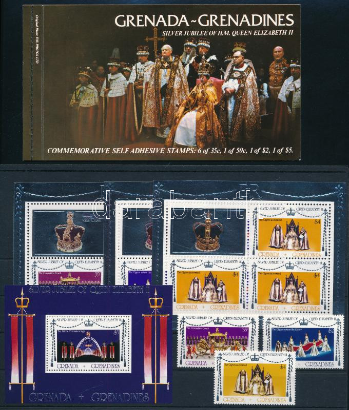 25th anniversary of the coronation of Elizabeth II set + minisheet set + block + stamp booklet, II. Erzsébet uralkodásának 25. évfordulója sor + kisív sor + blokk + bélyegfüzet