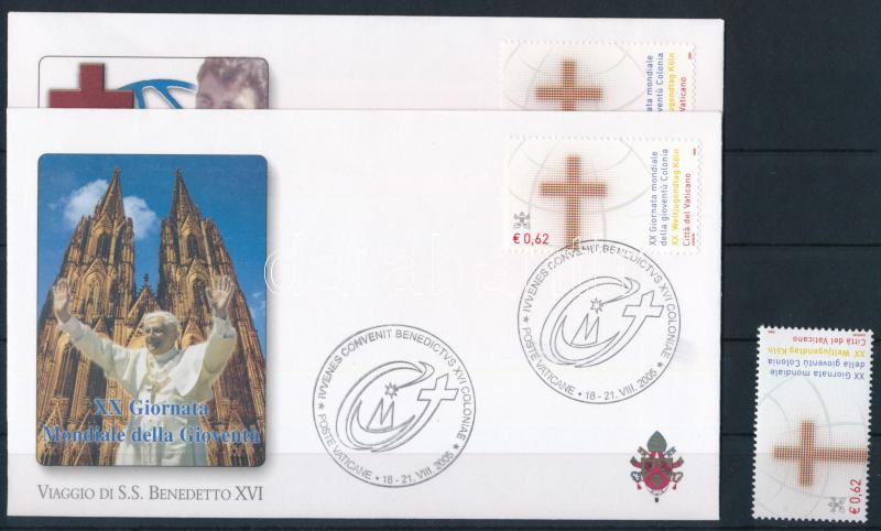 World Youth Day in Cologne stamp + 2 FDCs, 20. Ifjúsági Világnap, Köln bélyeg + bélyeg 2 db FDC-n