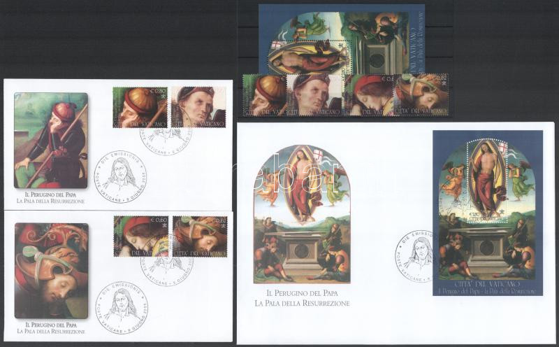 Perugino altair piece set + block + set and block on 3 FDCs, Perugino oltárkép sor + blokk + sor + blokk 3 db FDC-n