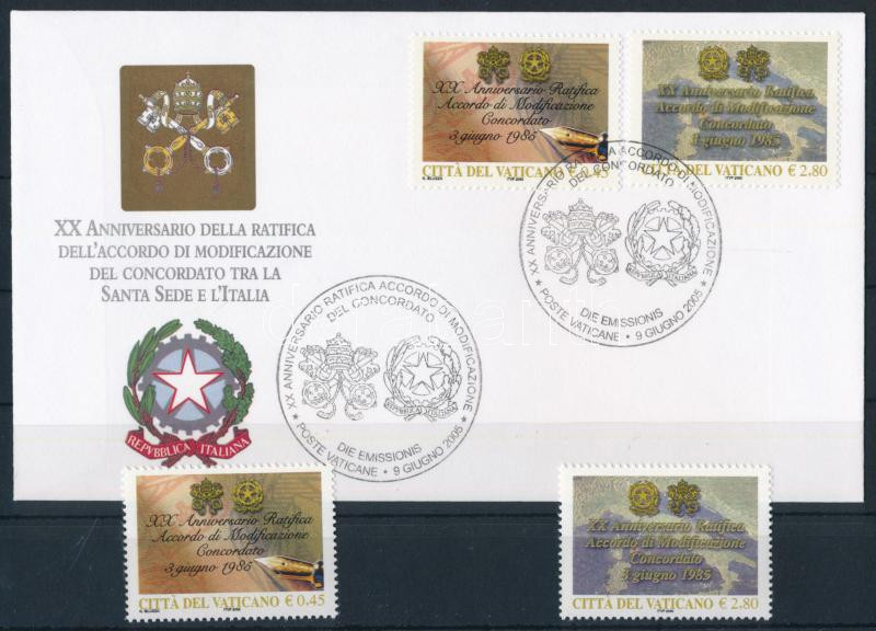 Accordance between Italy and Vatican City set + set on FDC, Olasz-vatikáni egyezmény sor + sor FDC-n