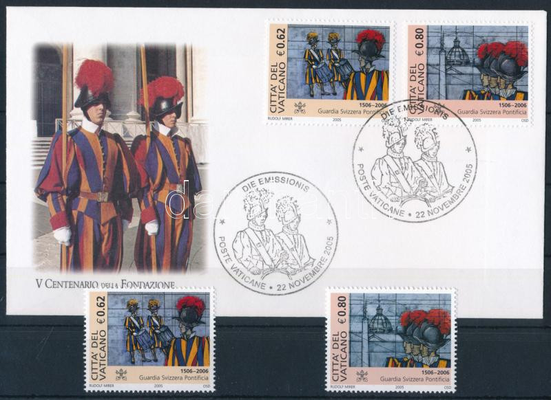 500 years of the Swiss Guard set + FDC, 500 éves a Svájci Gárda sor + sor FDC-n