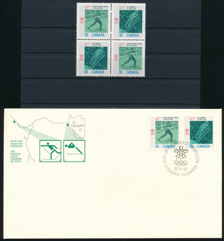 Winter Olympics Calgary block of 4 + pair on FDC, Téli olimpia, Calgary négyestömb + pár FDC-n