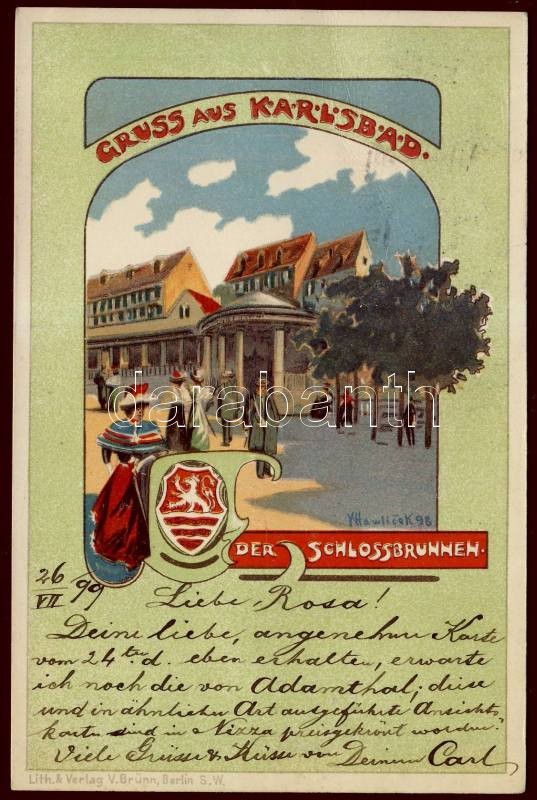 1899 Karlovy Vary, Karlsbad; Schlossbrunnen / fountain litho s: Hawlicek