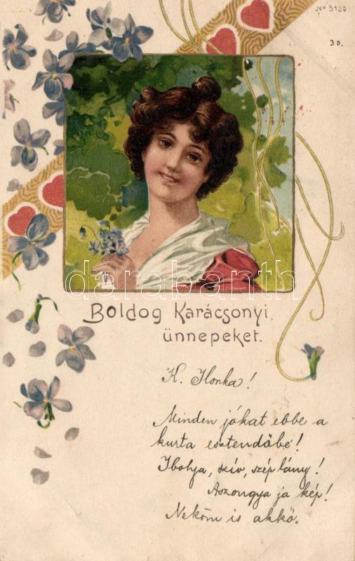 Christmas, lady, No. 5120. Art Nouveau, floral, litho, Karácsony, hölgy, No. 5120. Art Nouveau, floral, litho