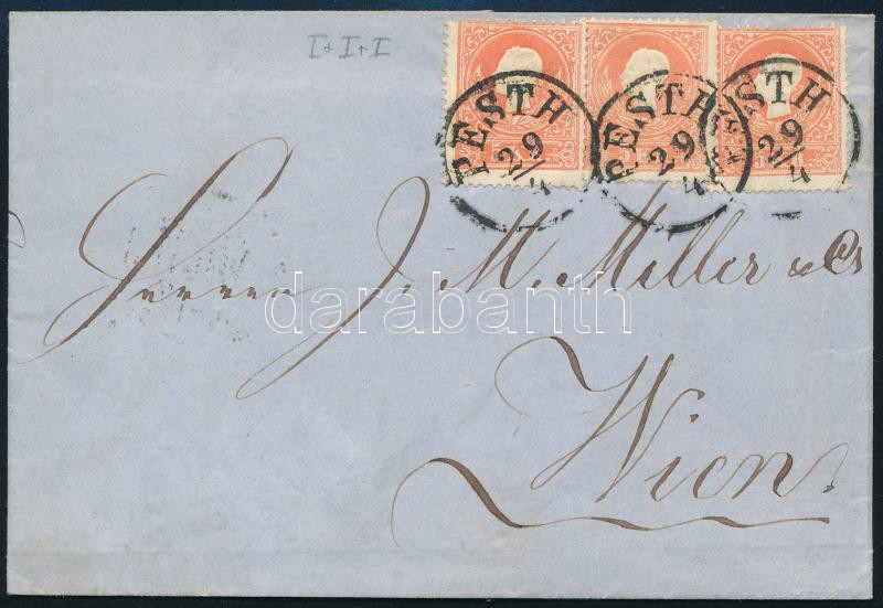 1859 3 x 5kr I. típus enyhén lépcsőzetesen felragasztva levélen 
