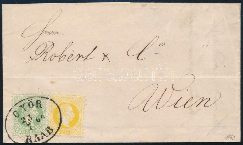 1869 2kr yellow + 3kr green on cover 