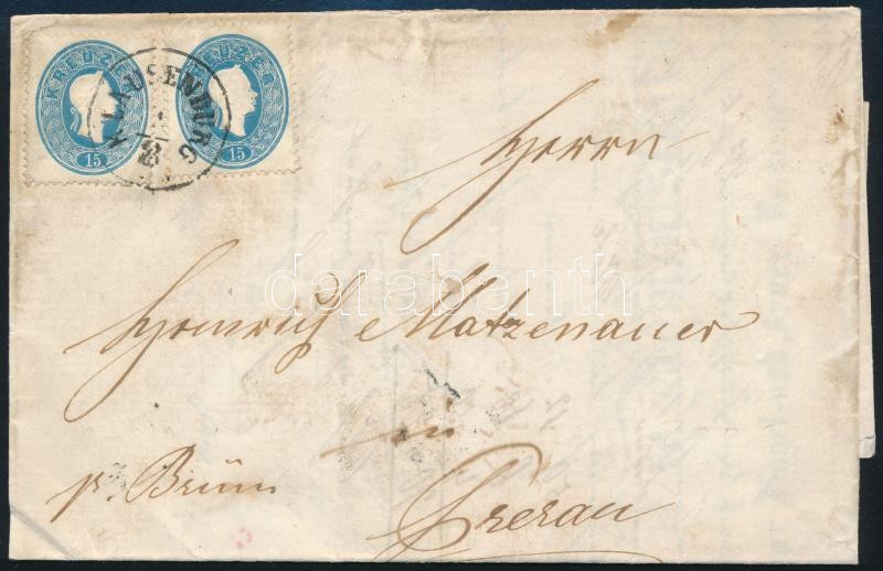 1863 2 x 15kr 2. súlyfokozatú távolsági levélen teljes tartalommal. Eltérő színárnyalatú bélyegek. 